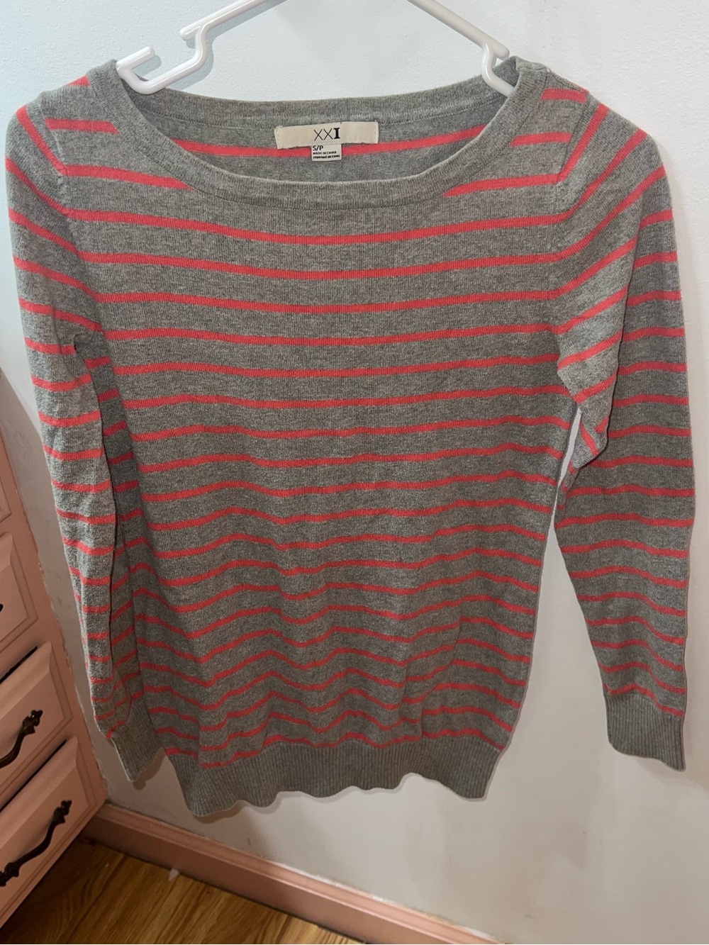 Forever 21 Gray and Coral Striped Boatneck Sweater
